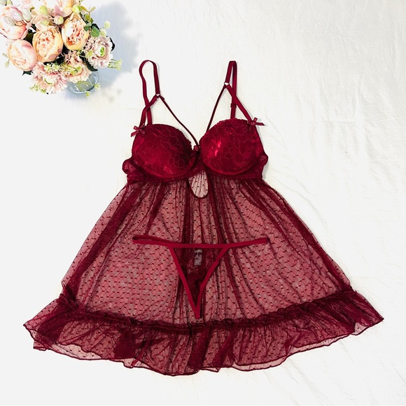 Burgundy Babydoll Liengerie - Picture 1 of 5